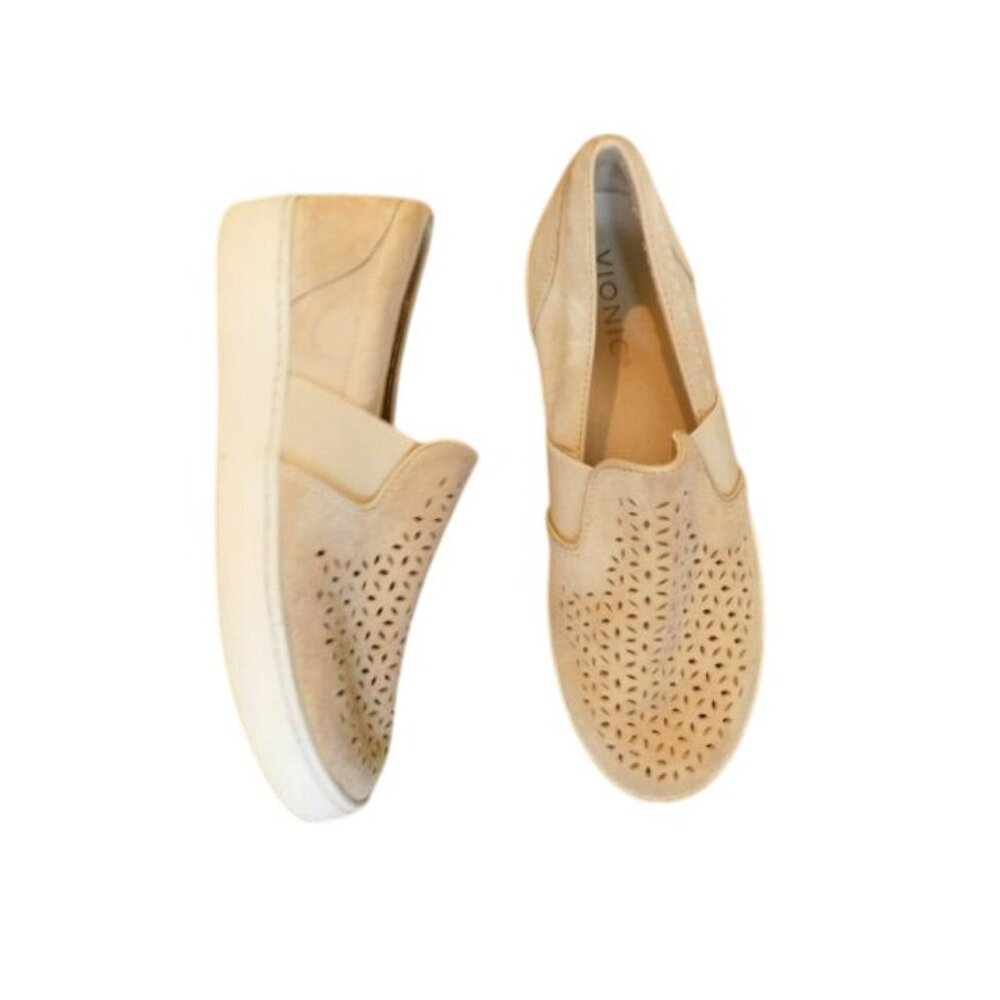 Vionic Size 7 Tan Cut Out Slip On Suede Leather Flats Shoes